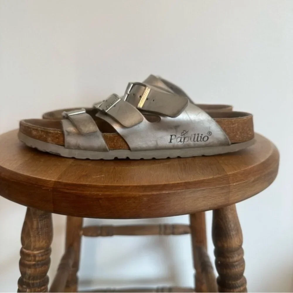 Birkenstock Papillio Florida Silver Sandal Womens Size EU 39 US 8 Triple Strap - Picture 6 of 11